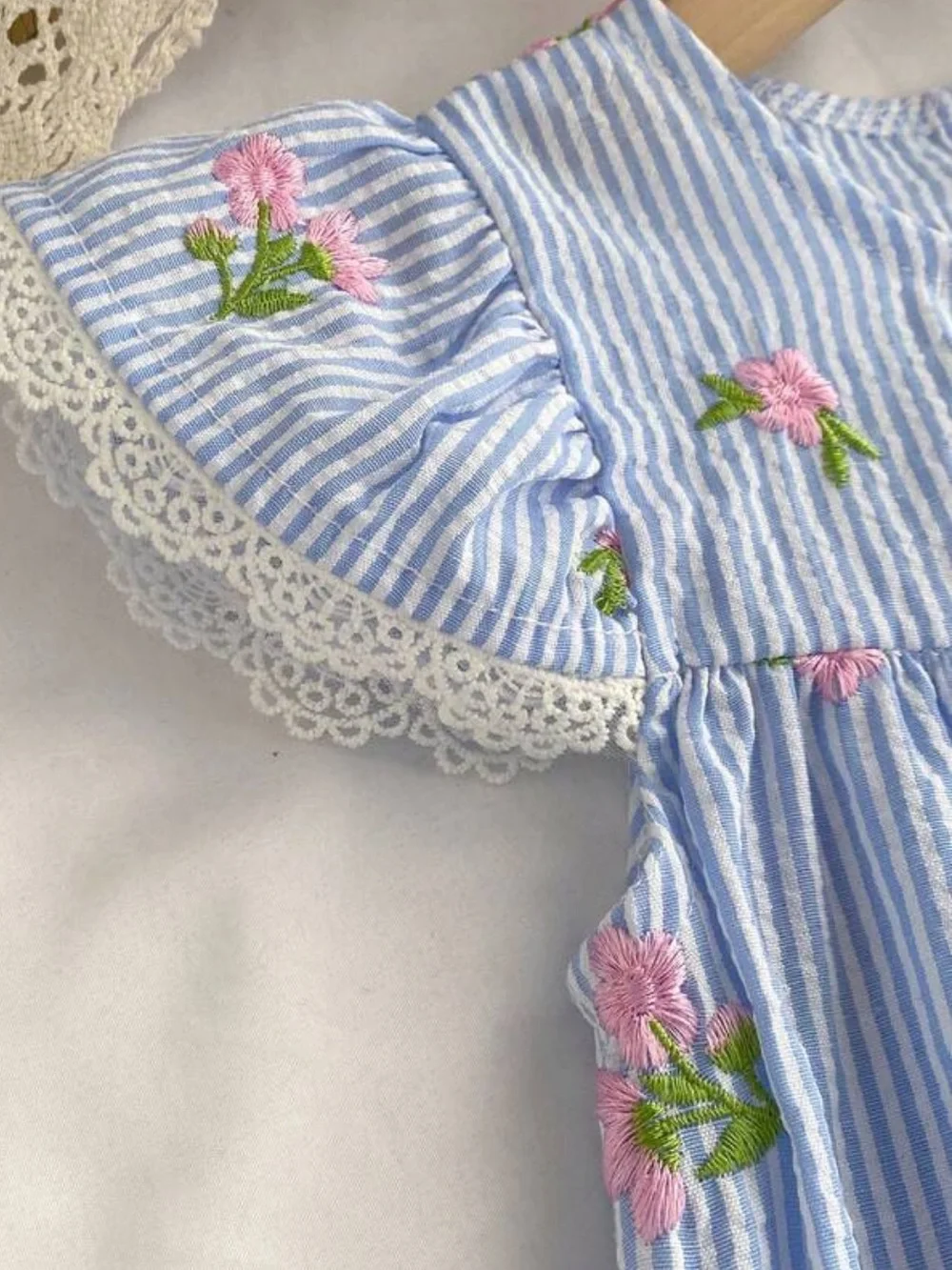 Toddler Blue White Seersucker Embroidered Pink Flowers Lace Ruffle Sleeve Dress